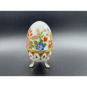 Trinket Box Porcelain Egg Shaped Hinged Multi Color Floral Gold Footed Vintage